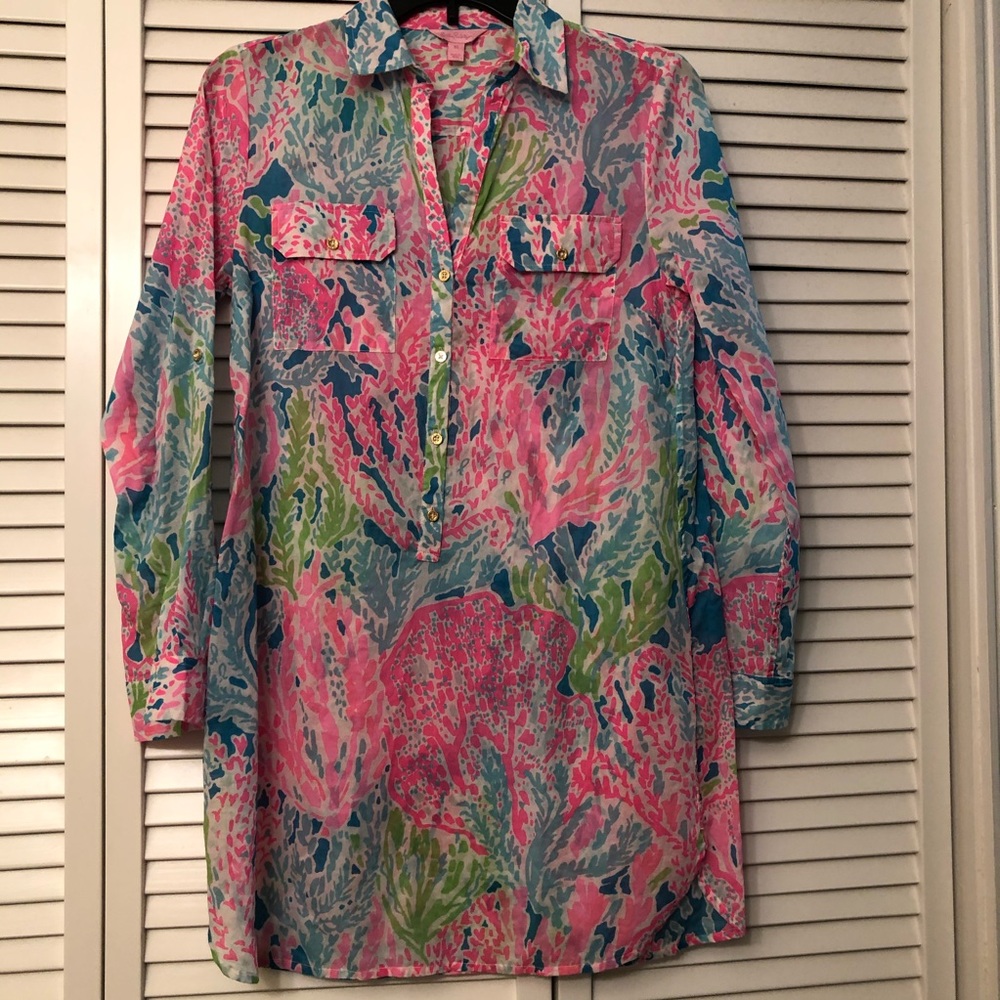 Lilly Pulitzer Captiva tunic cover up dress Let’s Cha Cha xsmall collar v-neck